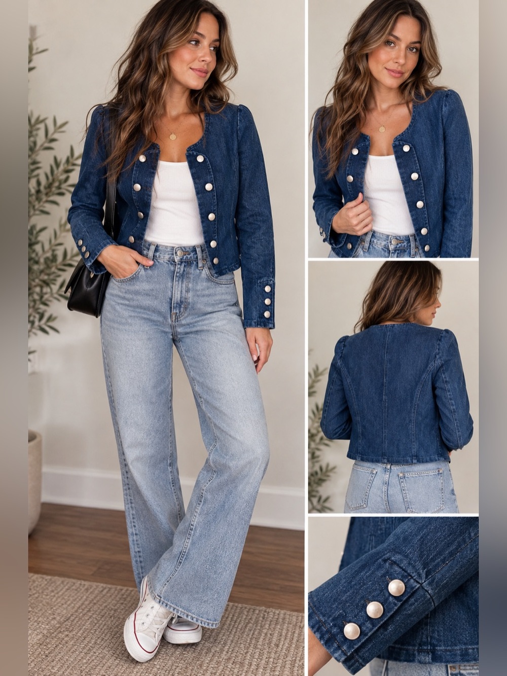 Kangol Cropped Denim Jacket Silver Button Y2K Military Style